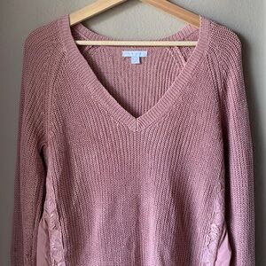 NEW YORK & COMPANY Pink V-Neck Long Sleeve Babydoll Sweater